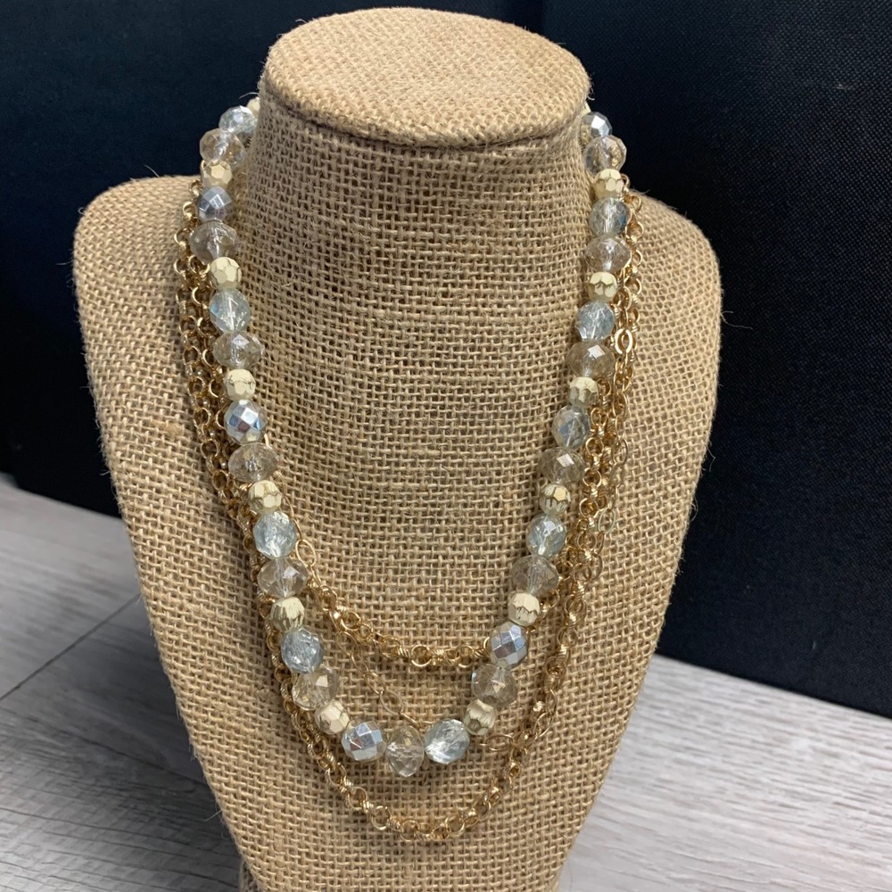 Gold Tone Multi Strand Layered Statement Necklace Beaded Chain 16 Inch 3945